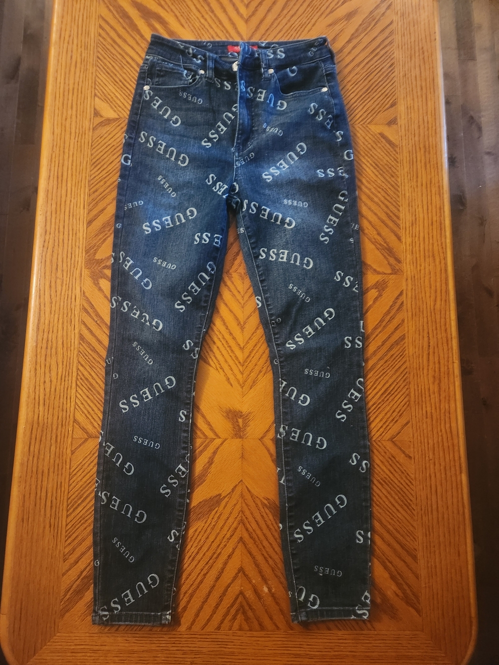 GUESS Dark Blue Allover Logo Skinny Jeans